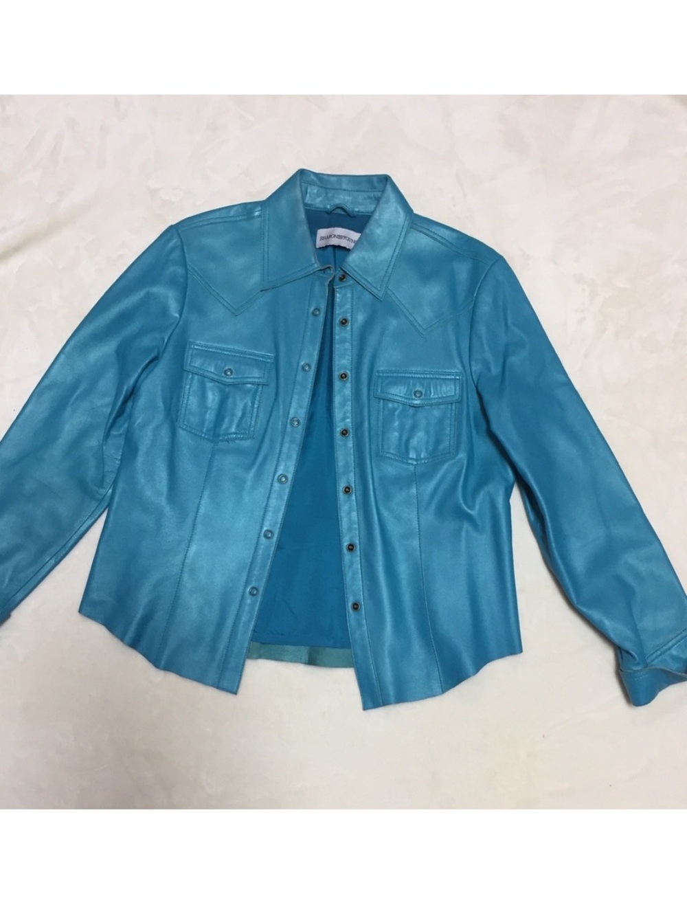 Sharon Young Turquoise Blue Leather snap-Front Jacket - Picture 4 of 4
